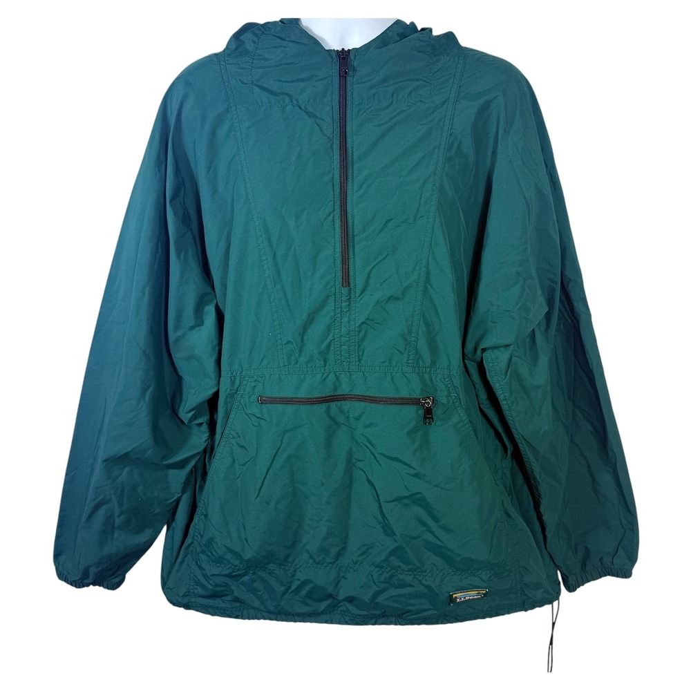LL Bean Vintage Anorak Windbreaker Jacket Green Half Zip Hooded Pullover Mens XL